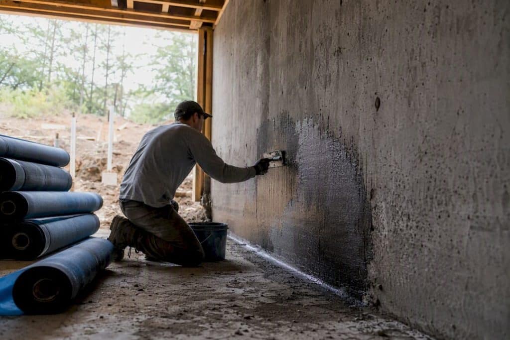 Technician applying basement waterproof membrane
