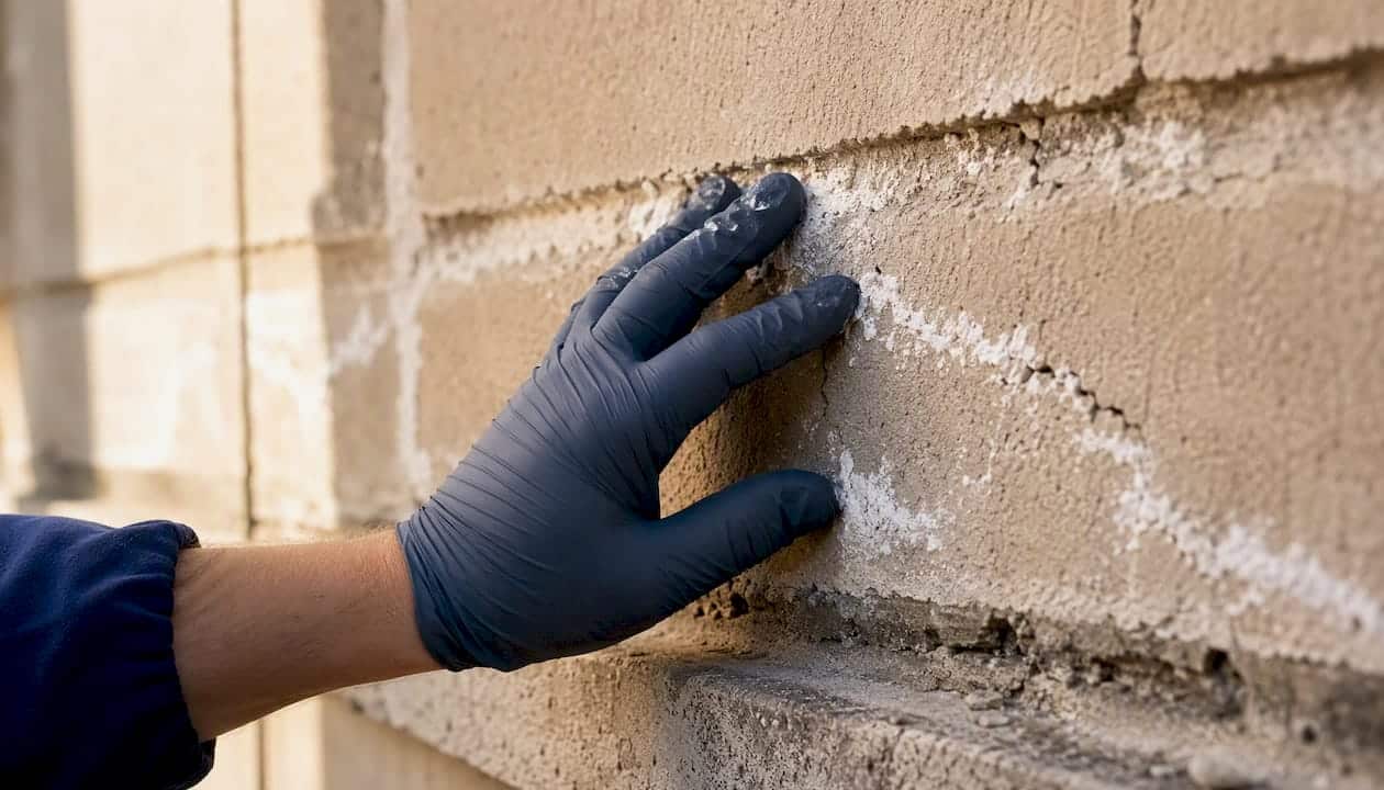 Gloved hand inspecting cracks on external wall