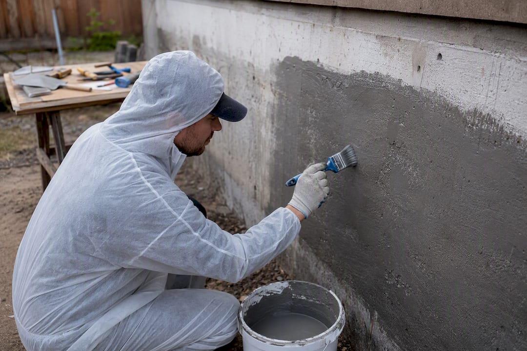 Hand applying flexible cementitious coating on basement wall