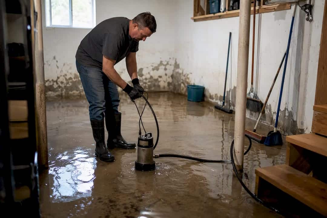 Man pumping water from flooded basement floor