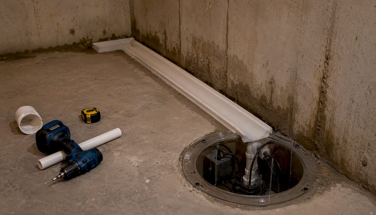 Basement drainage channel leading to sump pit