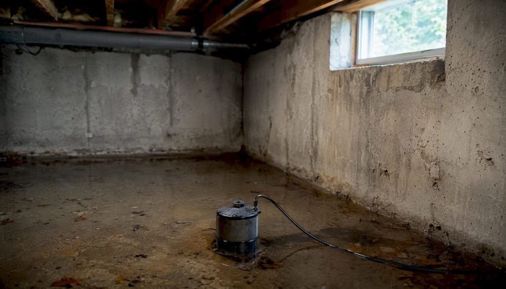 Submersible sump pump operating in flooded basement