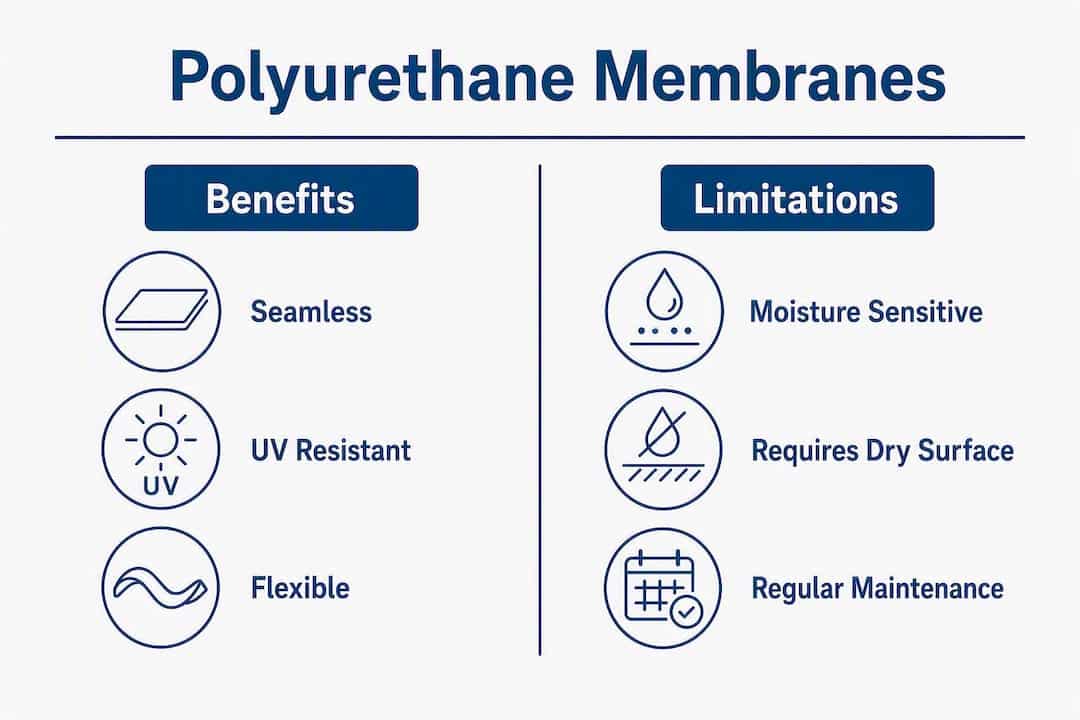 Split infographic showing polyurethane membrane benefits and limitations