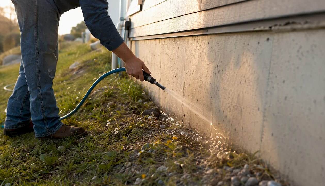 Garden hose spraying water on foundation wall