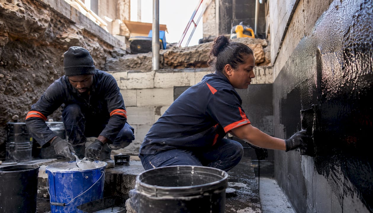 Workers applying waterproofing in elevator pit