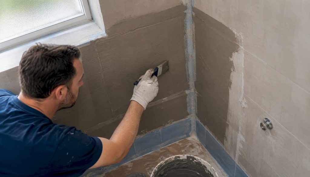 Hands applying waterproof membrane to bathroom wall corner