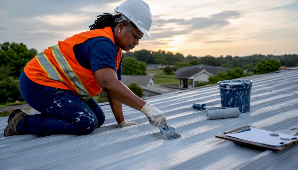 Worker applying waterproofing membrane on rooftop