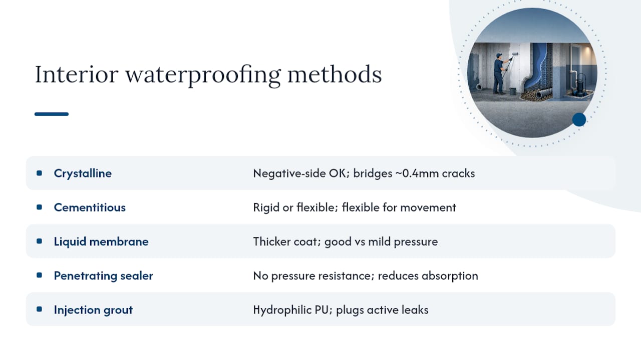 Diagram comparing interior concrete waterproofing methods