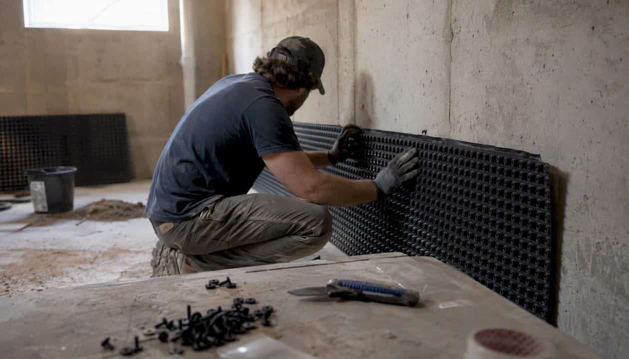 Hands installing cavity drain membrane on basement wall