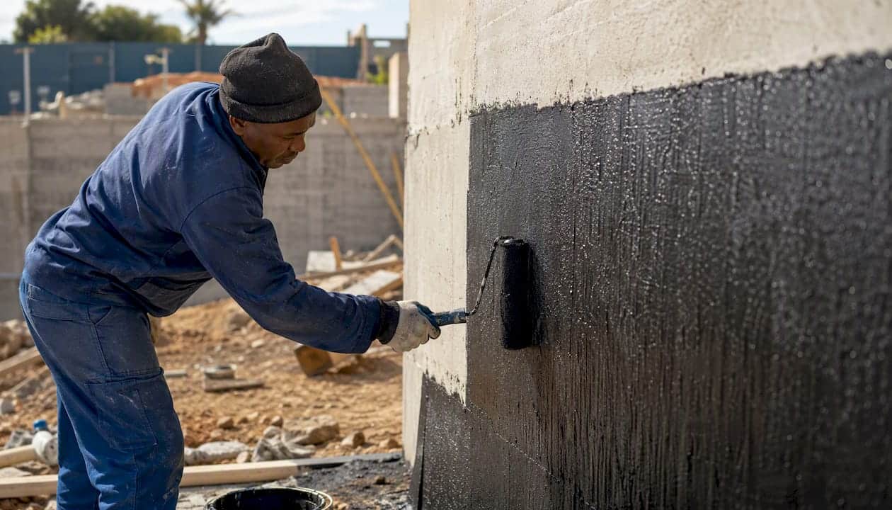 Worker applying liquid waterproof membrane on foundation