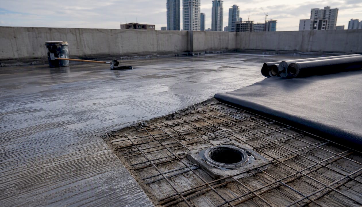 Concrete roof deck with waterproofing membrane installation