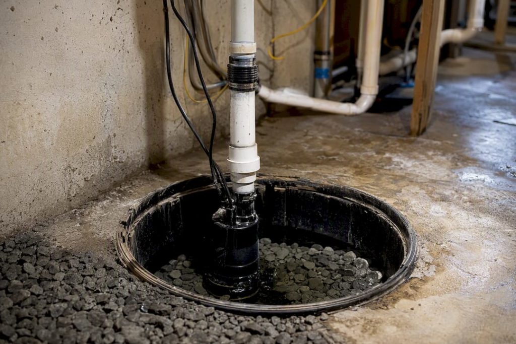 Basement sump pump installed in concrete pit