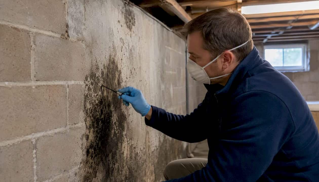 Inspecting mold growth on basement wall