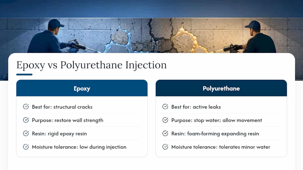 Diagram comparing epoxy and polyurethane crack injection