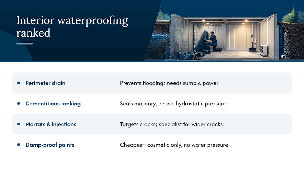 Comparison chart of interior basement waterproofing methods