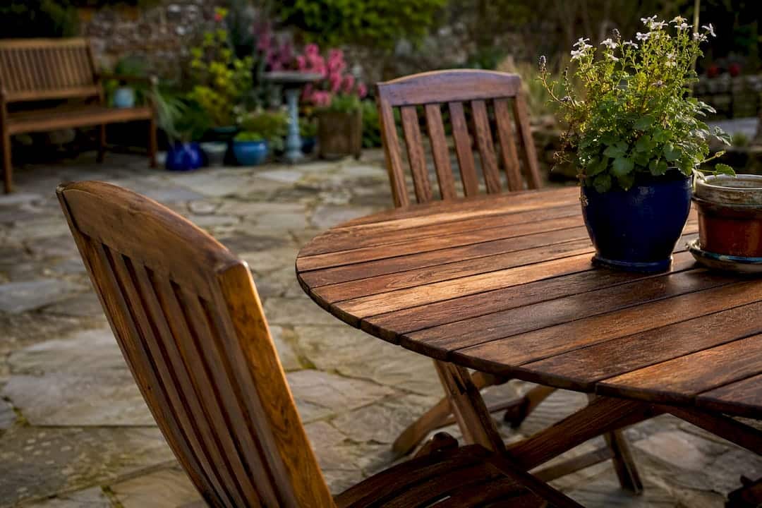 Close-up of oiled wooden garden furniture