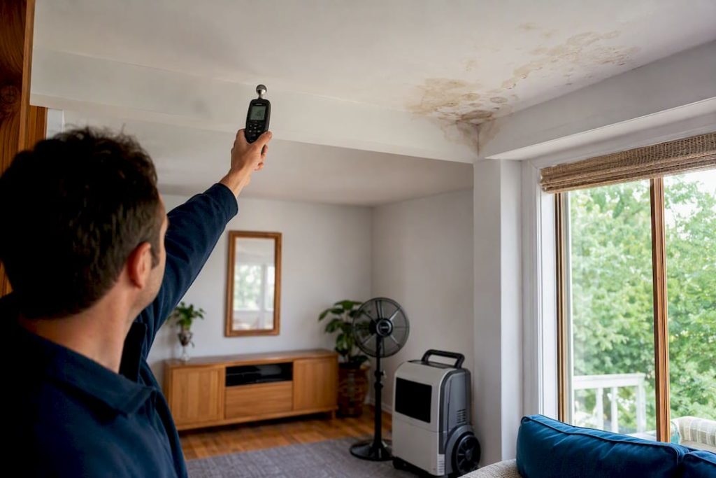 Damp ceiling with dehumidifier and moisture meter