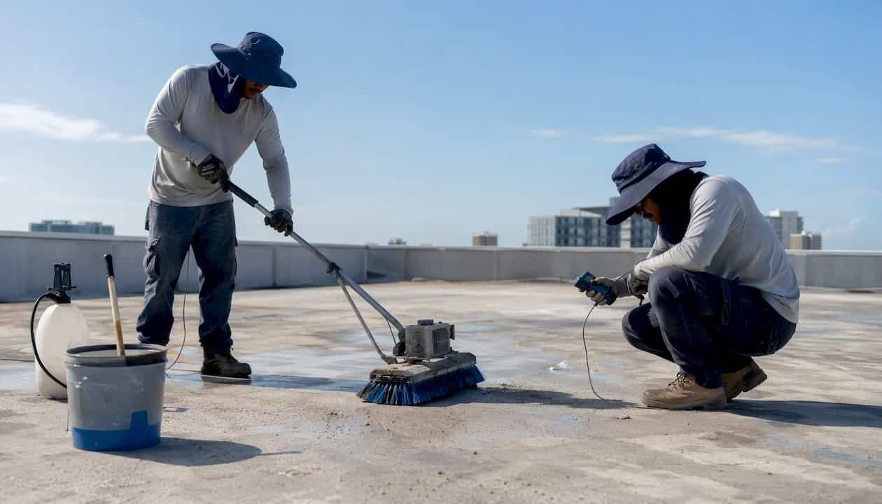 Contractors preparing roof surface for waterproofing