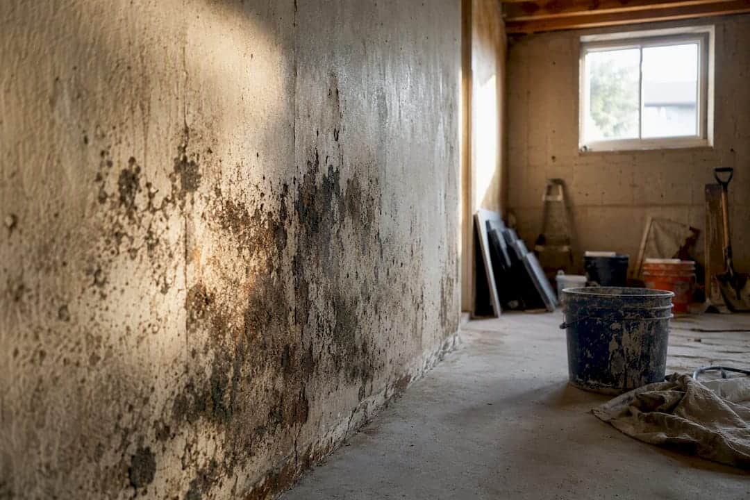 Mould and damp damage on basement wall