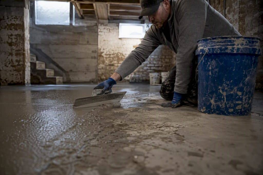 Hands applying cementitious waterproofing on basement wall