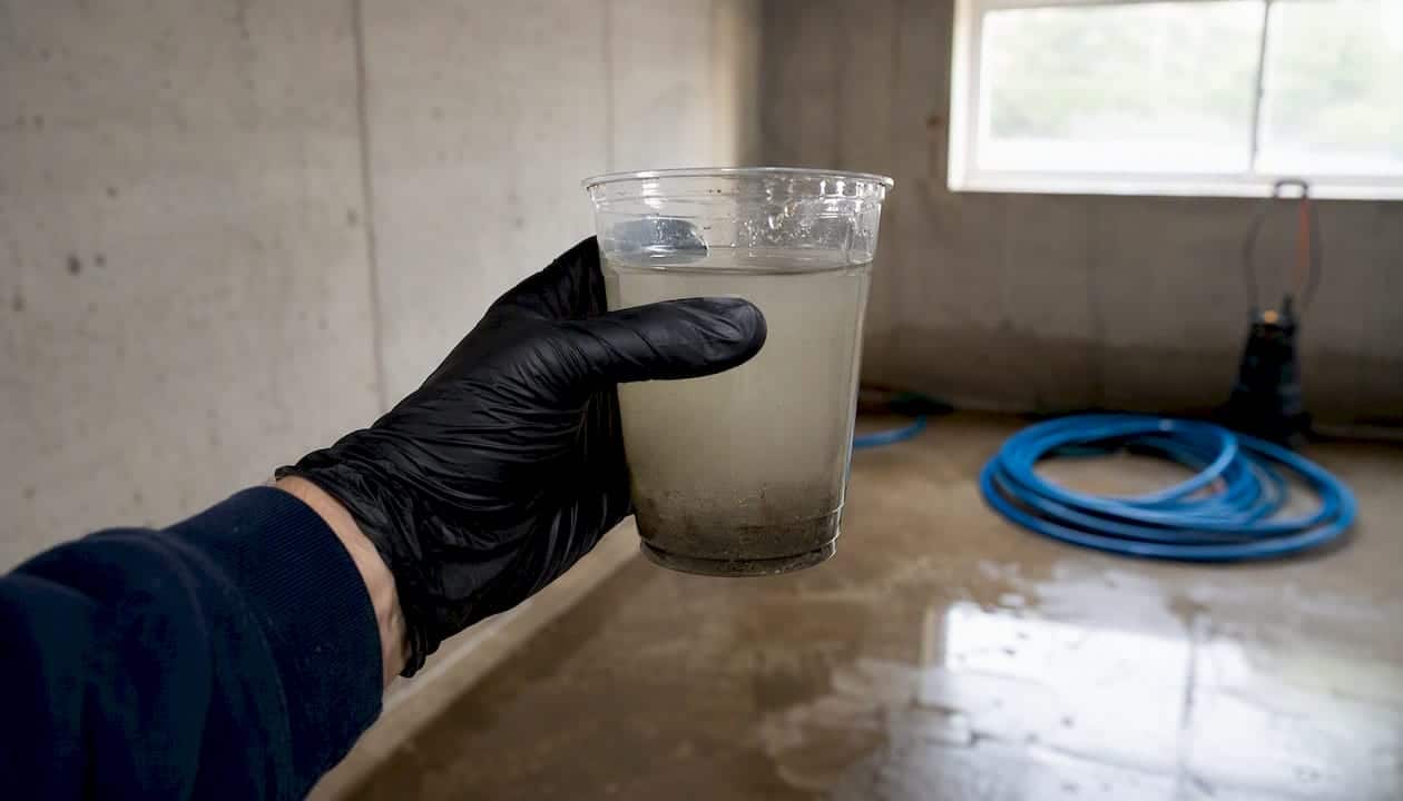 Gloved hand holding murky basement water sample
