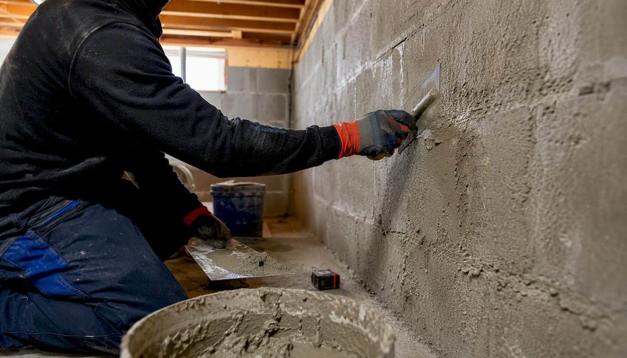 Hands applying tanking mortar to basement wall