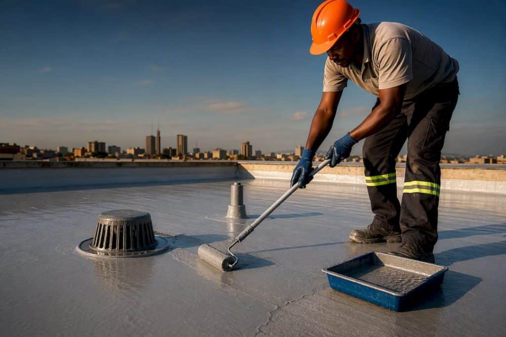 Technician applying membrane around roof drain
