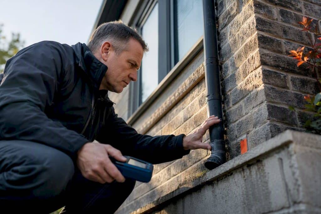 Inspector examining exterior damp risk