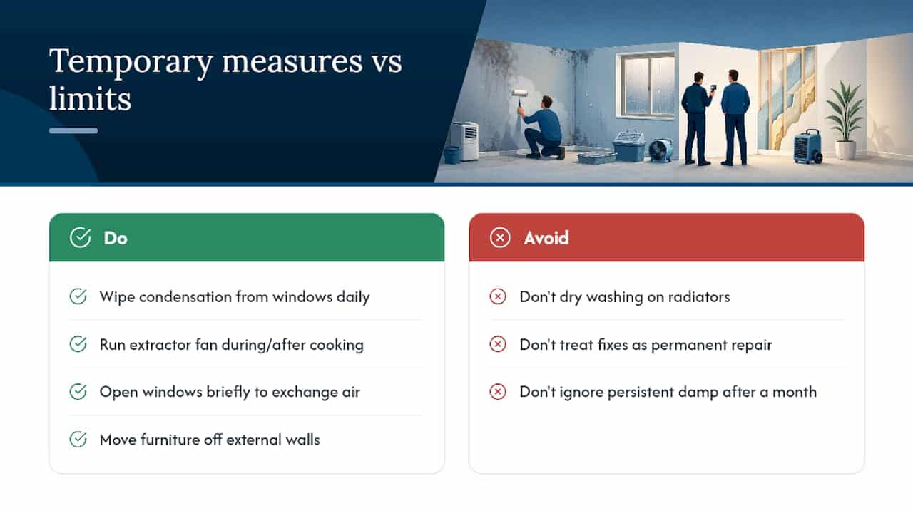 DIY techniques and quick fixes to temporarily reduce room dampness — overview diagram