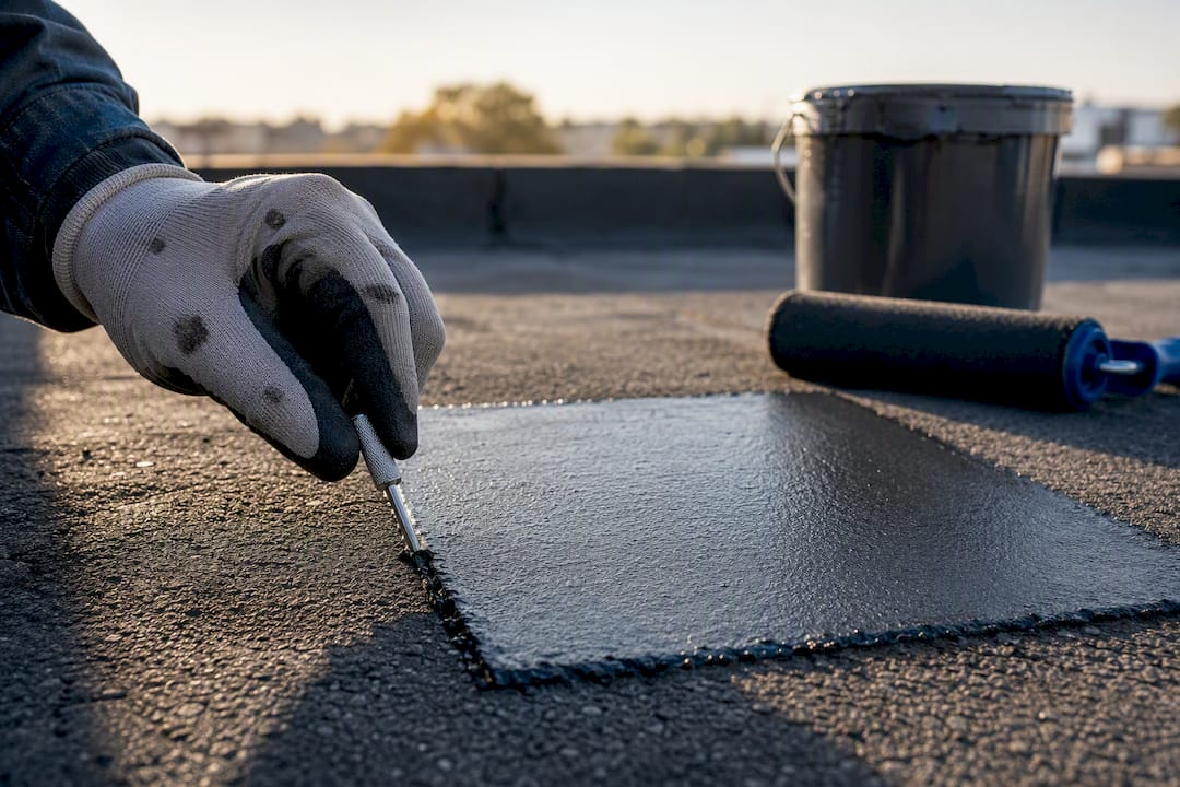Technician inspecting bitumen membrane test patch