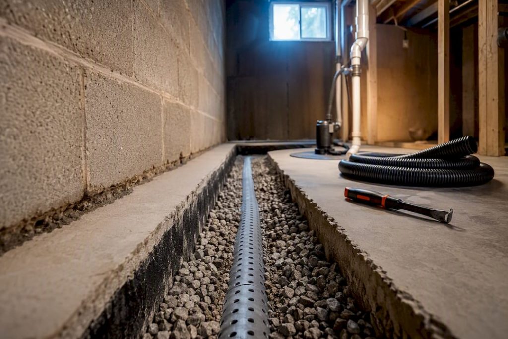 Exposed basement drain trench leading to sump pit