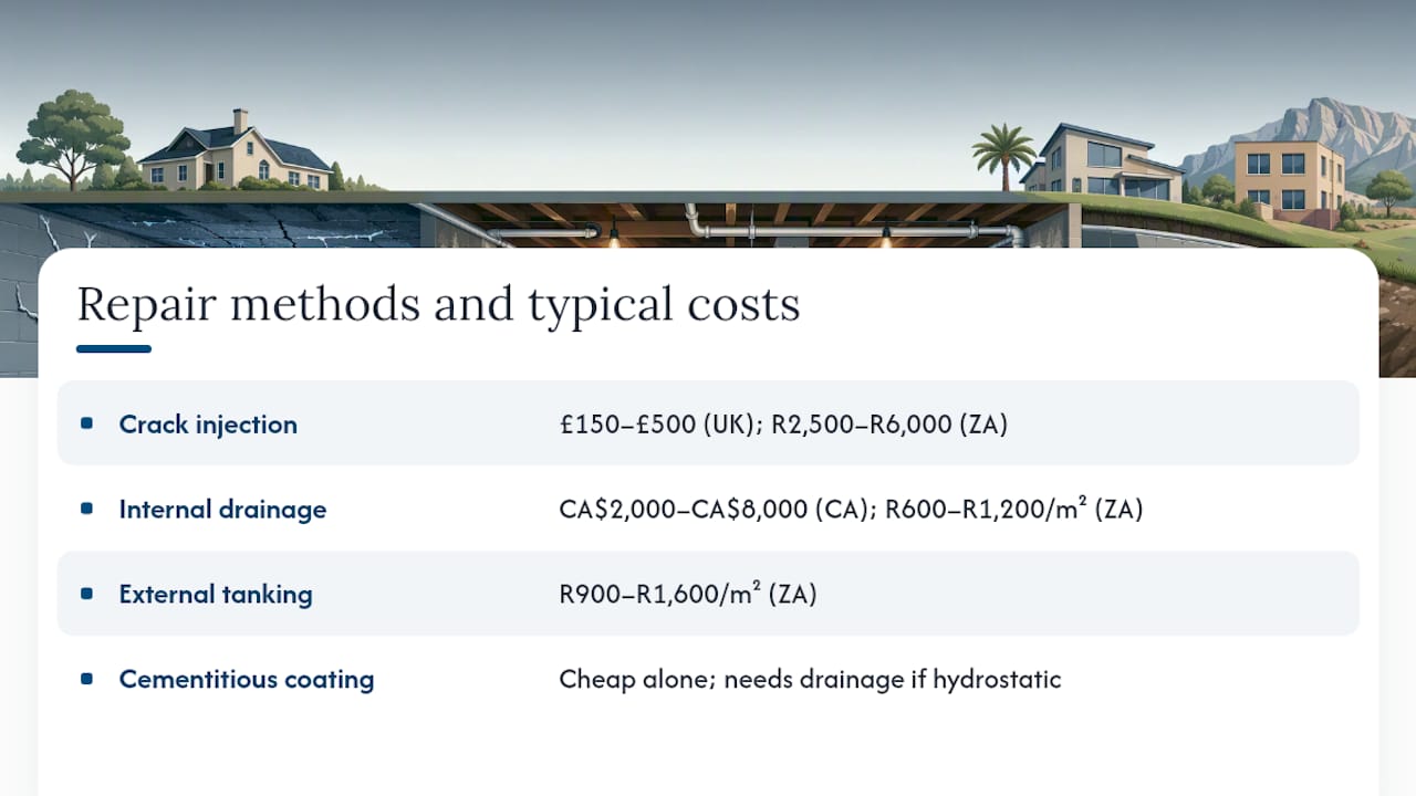 Cost by repair method: injection, drainage, tanking and pumps — overview diagram