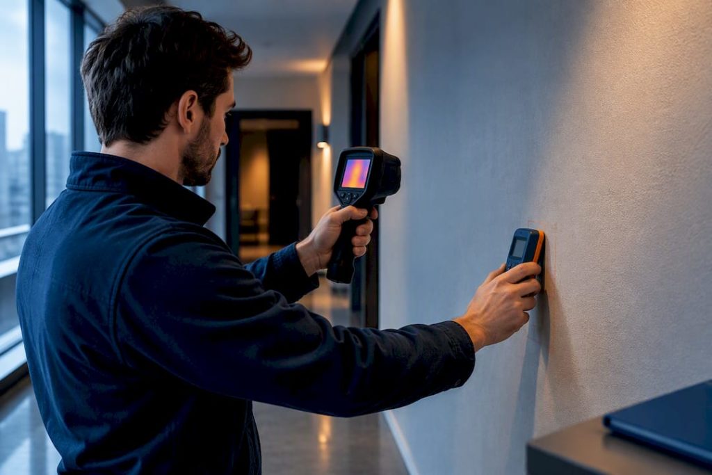 Surveyor verifying wall moisture with meters