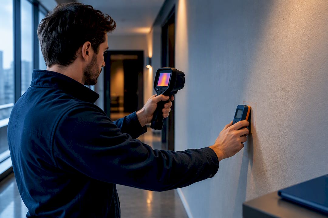 Surveyor verifying wall moisture with meters