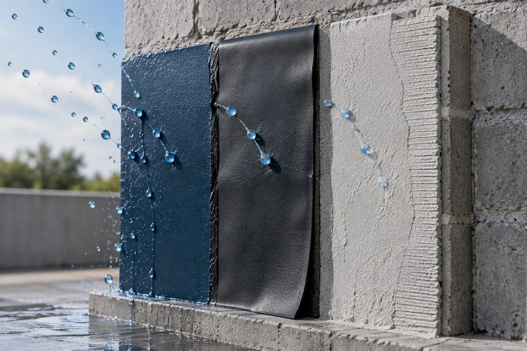 Three waterproofing systems shown on wall