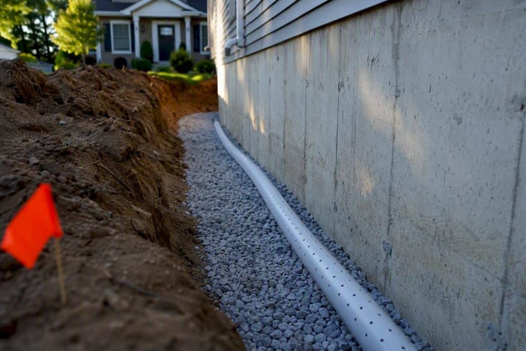 Exterior French drain beside foundation trench