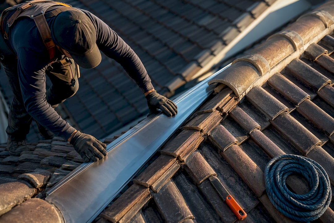 Roofer installing flashing beside tiled roof valley
