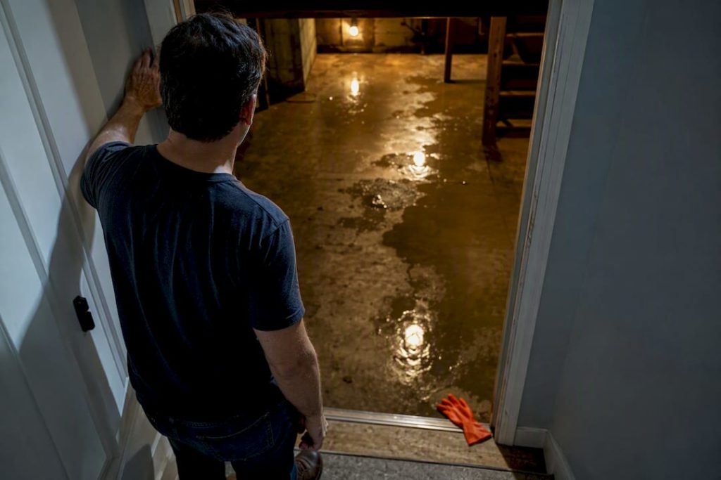 Homeowner assessing water in basement