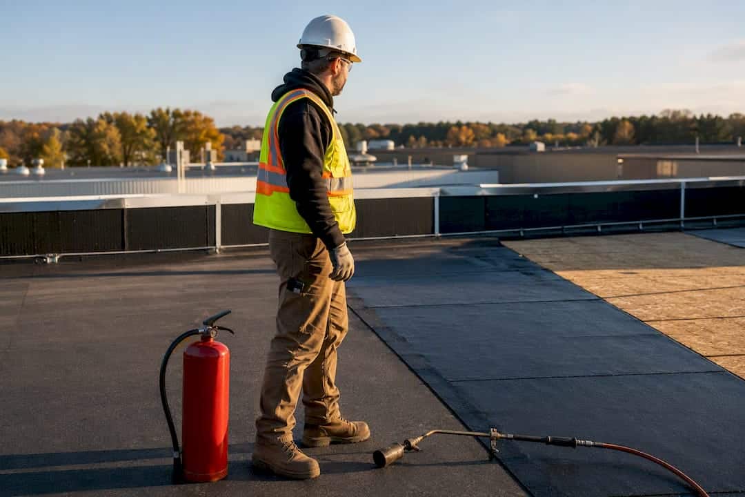 Fire watch beside torch-on roofing equipment