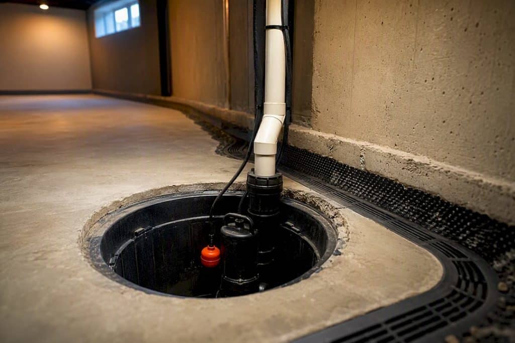 Sump basin and drainage channel in basement