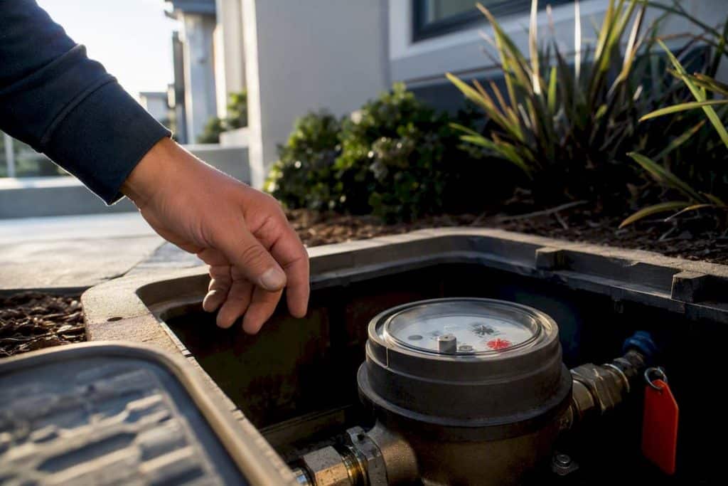 Homeowner checking water meter leak indicator