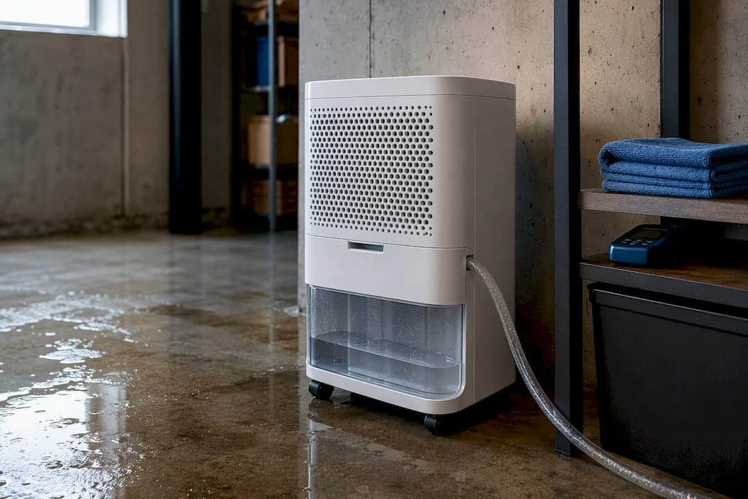Dehumidifier drying a damp basement