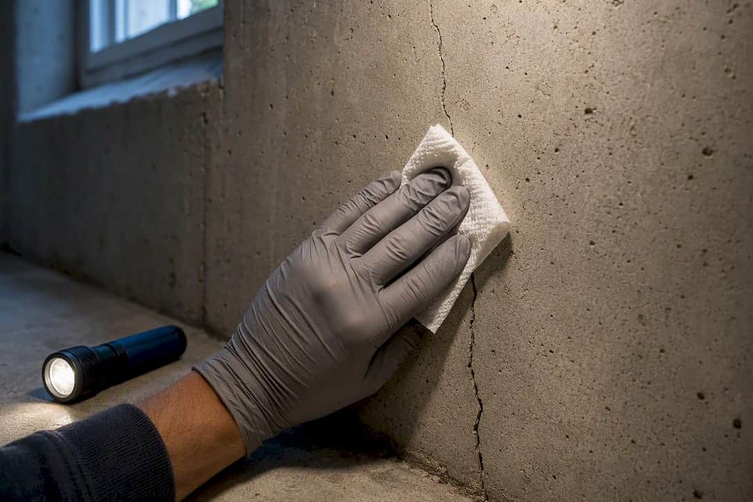 Paper towel testing moisture at basement crack