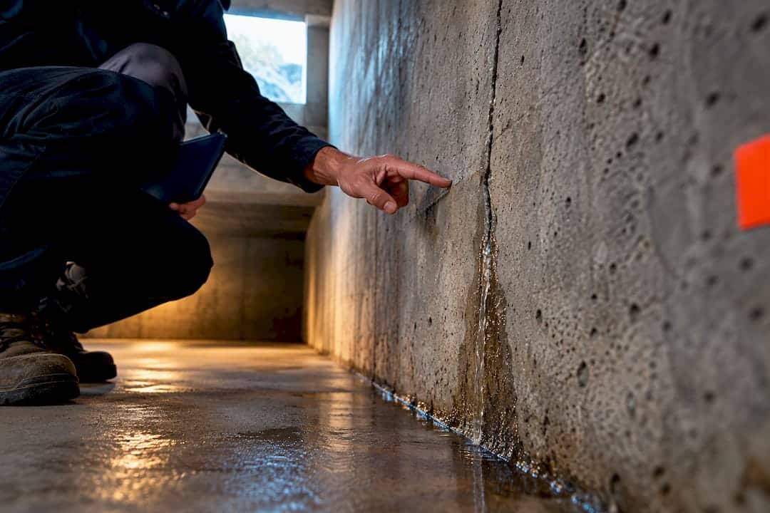 Water tracing a crack in concrete wall