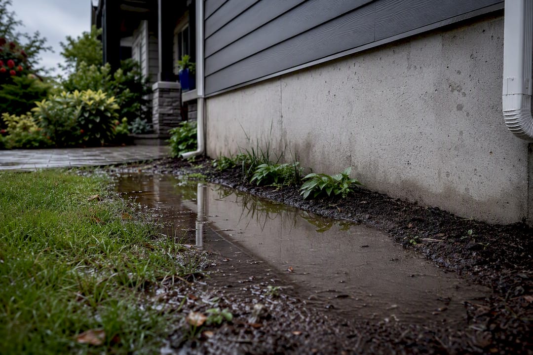 Rainwater pooling beside a home foundation