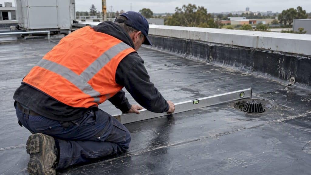 Inspector checking flat roof fall toward outlet