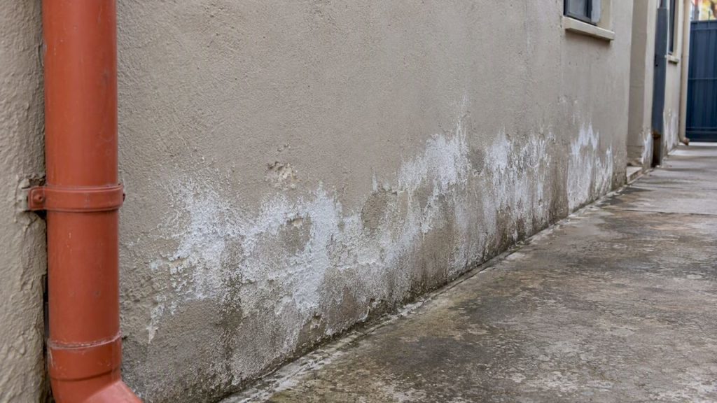 White efflorescence deposits on a rendered wall