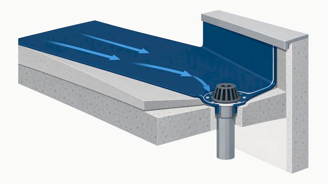 Cutaway showing membrane around roof outlet