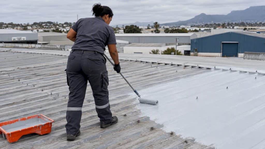 Worker applying protective coating to industrial roof