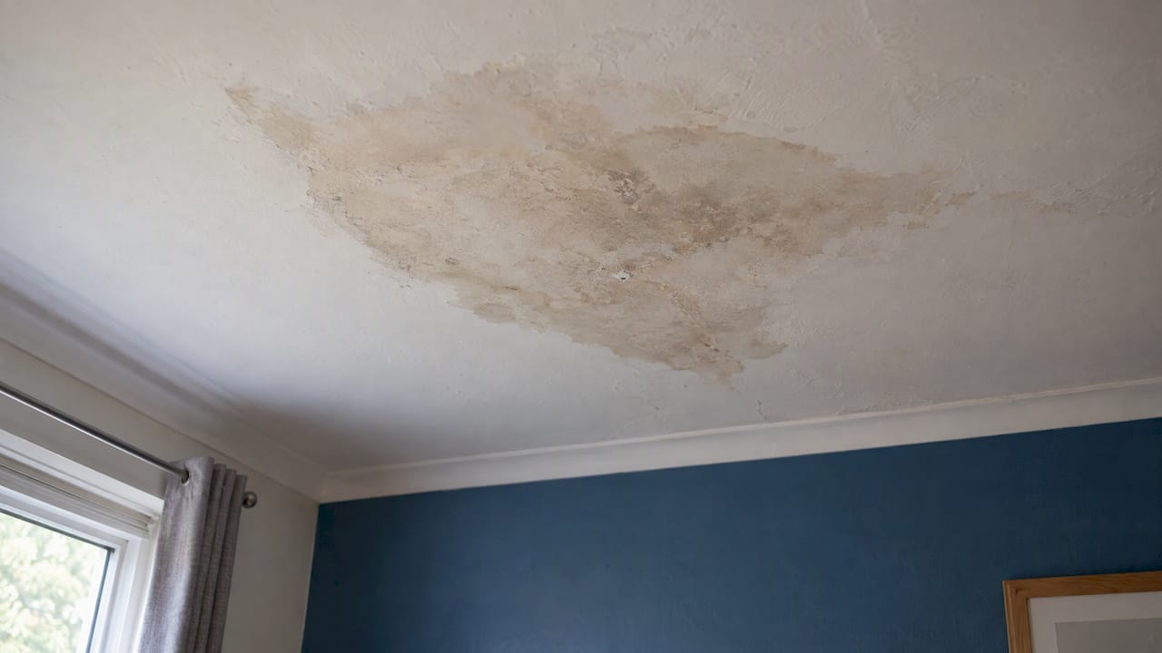 Ceiling stain beneath a leaking bathroom